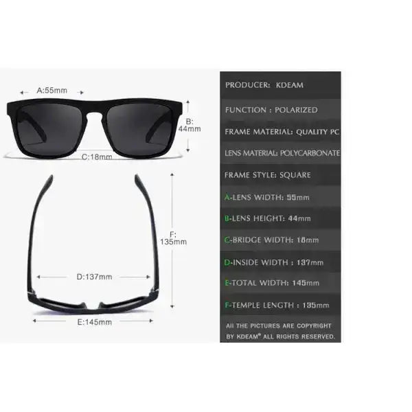 KDEAM Okulary Przeciwsłoneczne Polaryzacyjne KDEAM Navi Tropics, okulary przeciwsłoneczne polaryzacyjne, UV400, czarna matowa oprawa, widok z przodu.