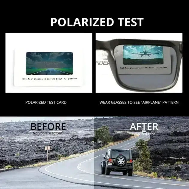 KDEAM Navi Sicily okulary przeciwsłoneczne polaryzacyjne UV400, test polaryzacji, widok z przodu, efekt przed i po